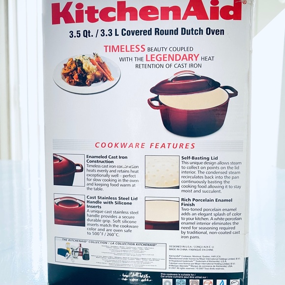 KitchenAid 3.5 QT Red Enameled Cast Iron Dutch Oven Pot Casserole w Original Box - Picture 3 of 3
